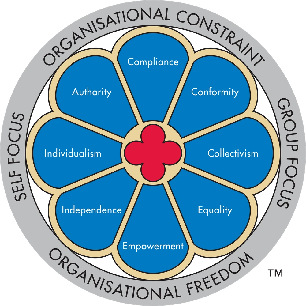 TMS Global Window on Work Values Model showing the eight value types across two dimensions (Self vs Group Focus, Organisational Constraint vs Freedom)