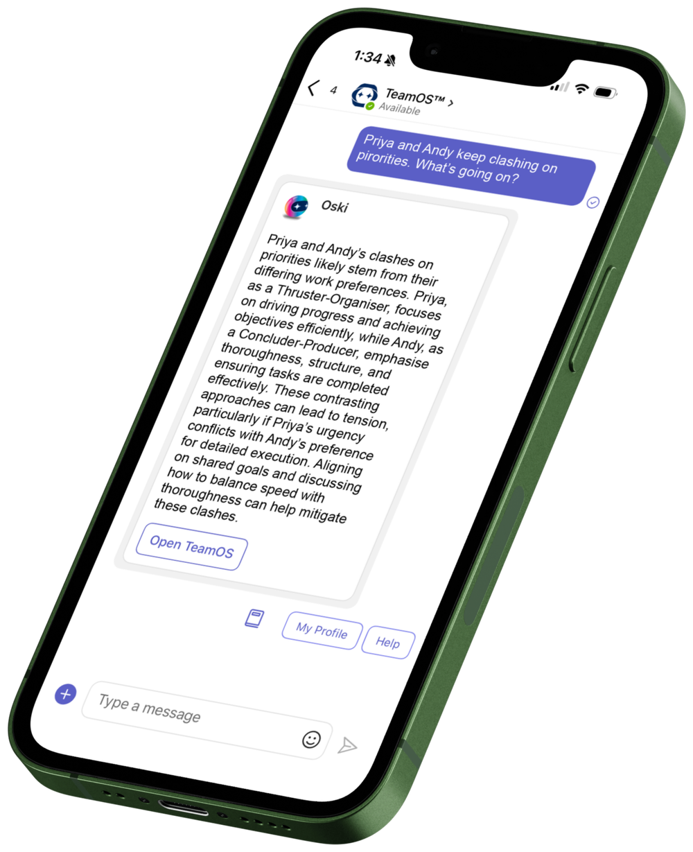 Oski AI coach answering a clashing-priorities question inside Microsoft Teams on mobile (angled phone mockup)