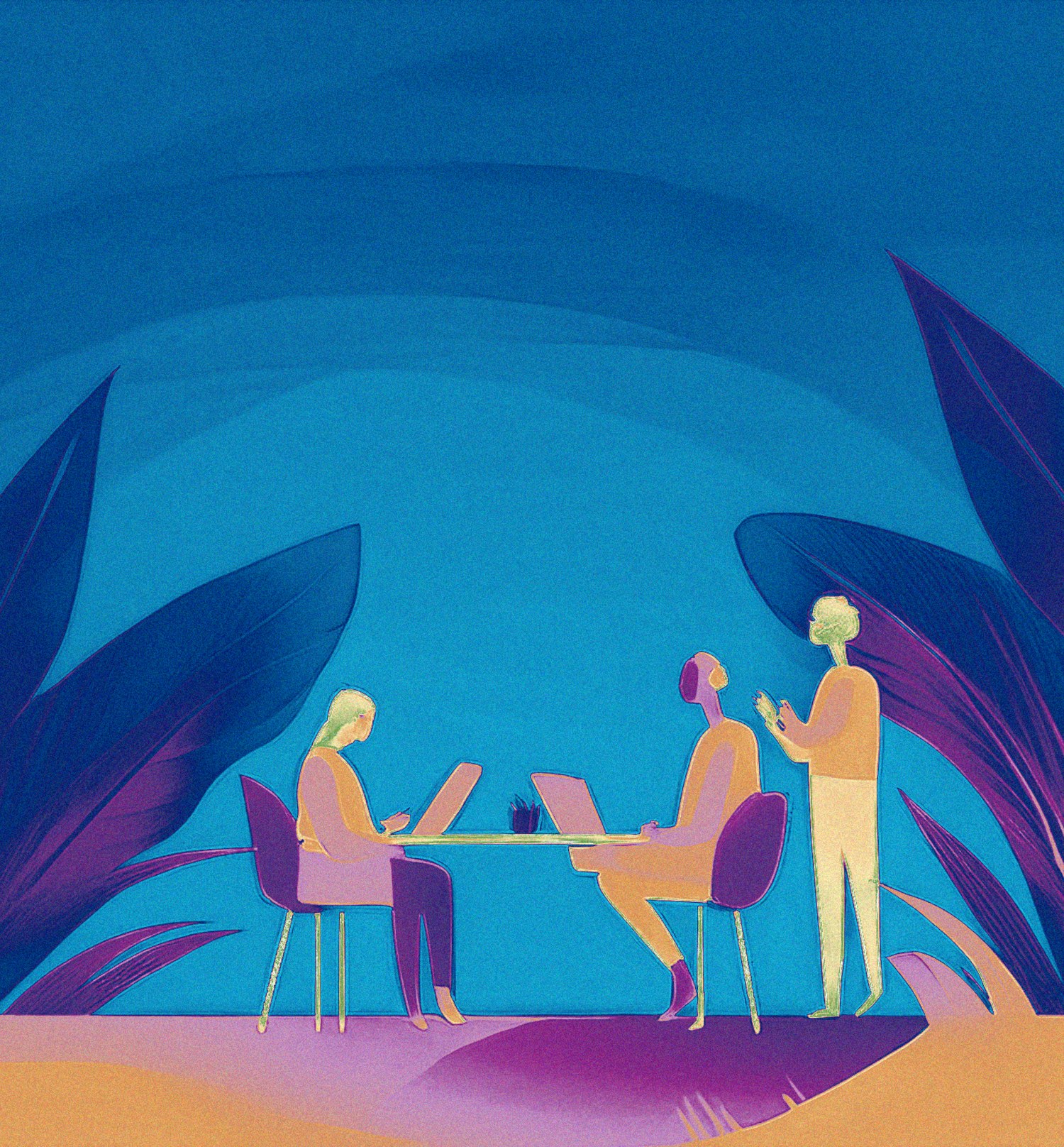 Three people collaborating around a desk with laptops, in a stylised illustration with teal and purple botanical accents — representing the people who build teams.
